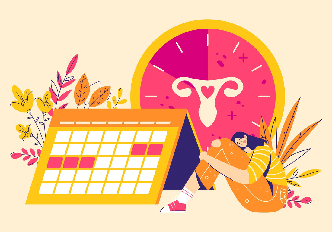 calendrier, fleurs, horloge menstruelle et jeune femme