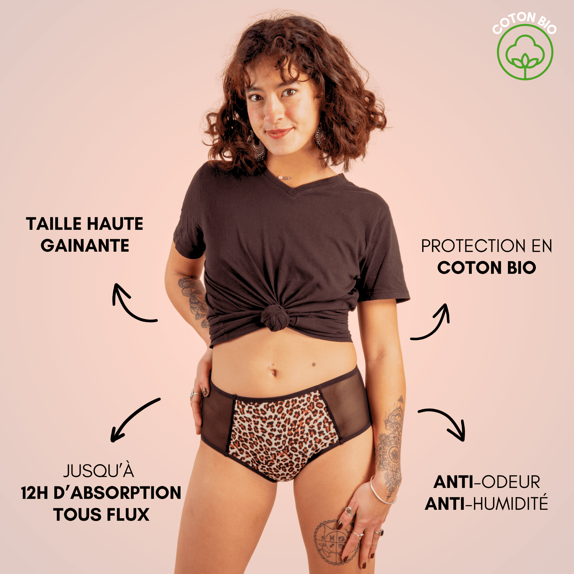 culotte menstruelle gainante clara taille haute léopard portée face coton bio