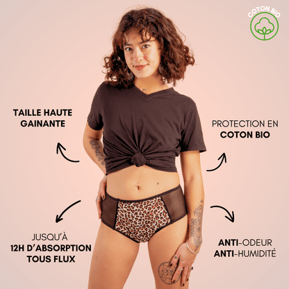 culotte menstruelle gainante clara taille haute léopard portée face coton bio