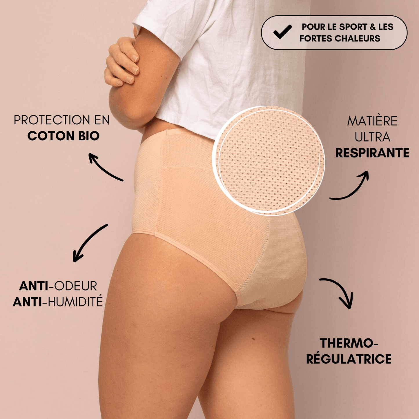 culotte menstruelle respirante céleste beige portée dos coton bio thermorégulatrice