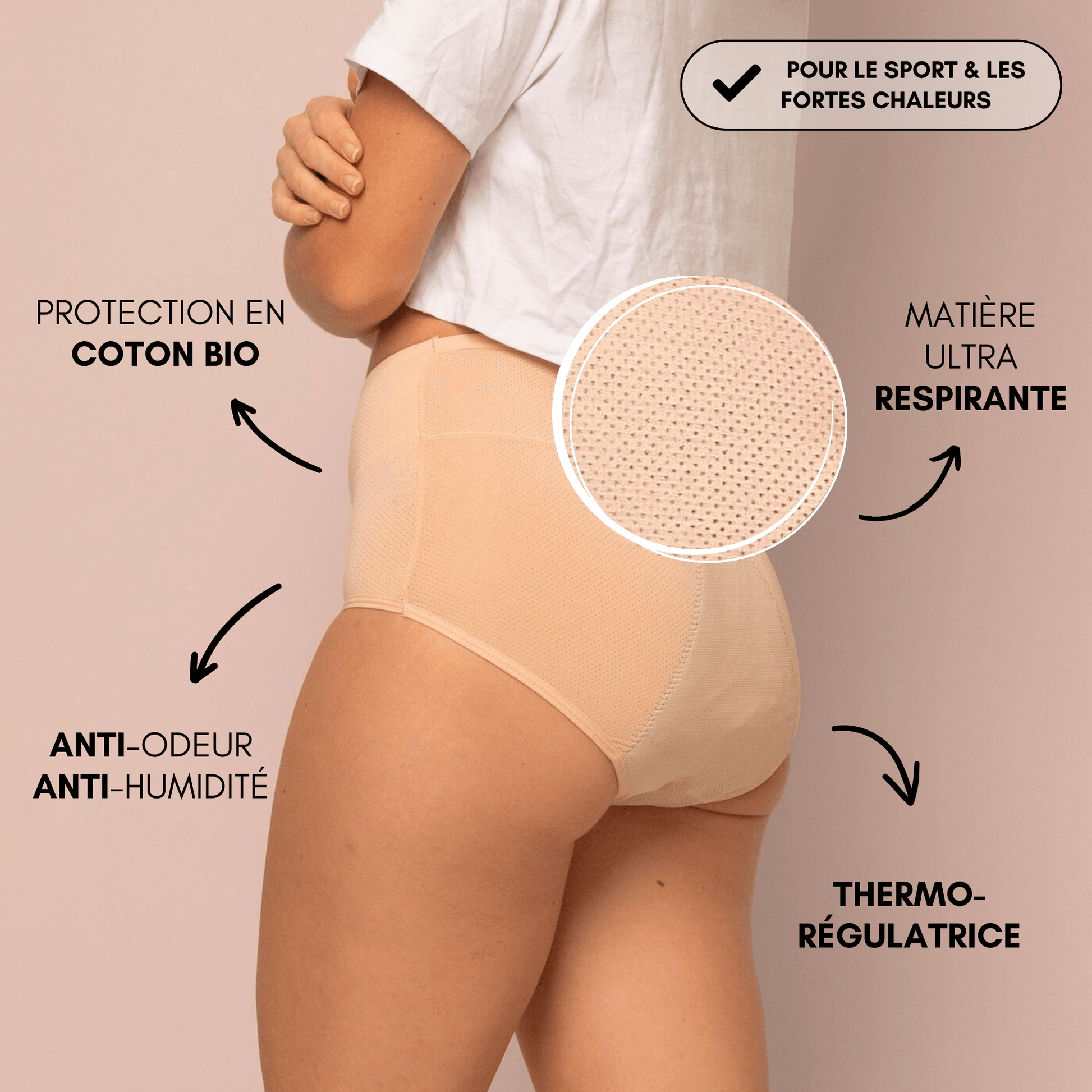 culotte menstruelle respirante céleste beige portée dos coton bio thermorégulatrice