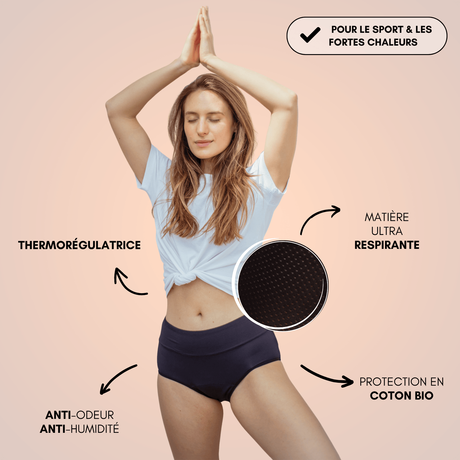 culotte menstruelle respirante céleste bleu marine portée face coton bio thermorégulatrice