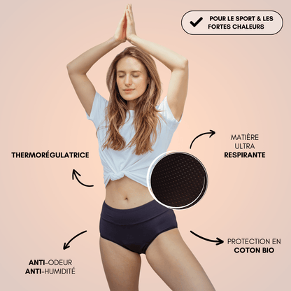 culotte menstruelle respirante céleste bleu marine portée face coton bio thermorégulatrice
