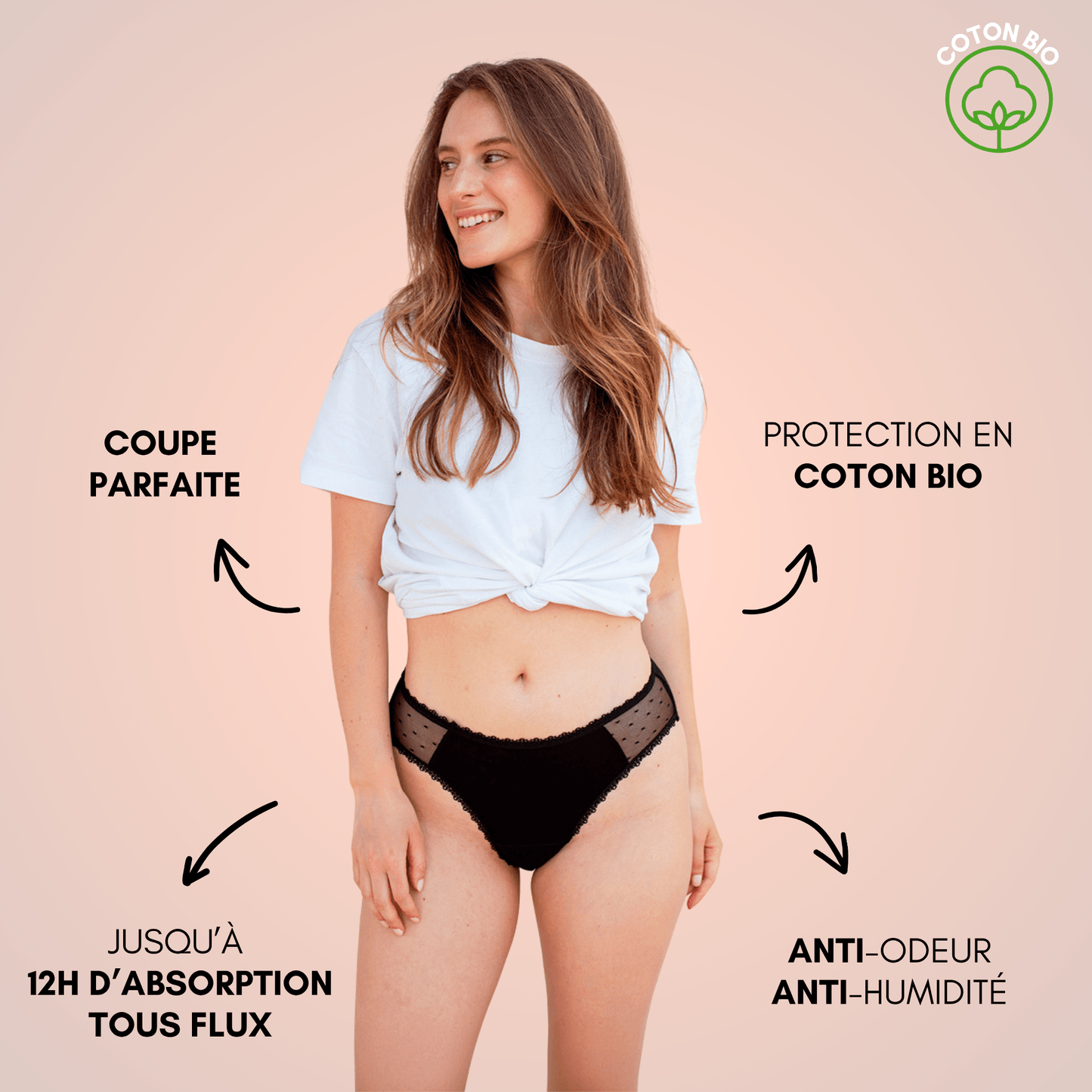 culotte menstruelle manon noir portée face coton bio absorption 12h anti-odeur
