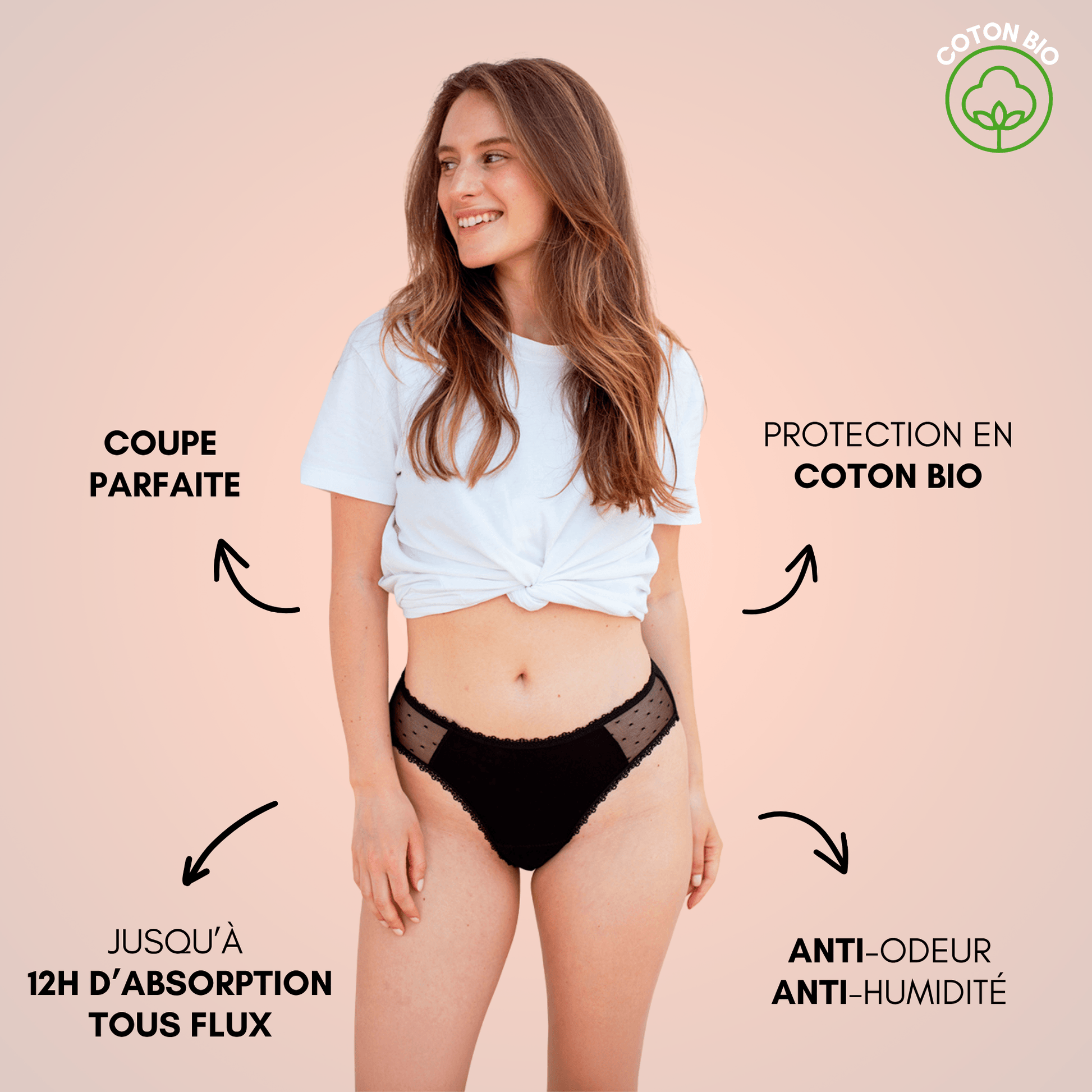 culotte menstruelle manon noir portée face coton bio absorption 12h anti-odeur