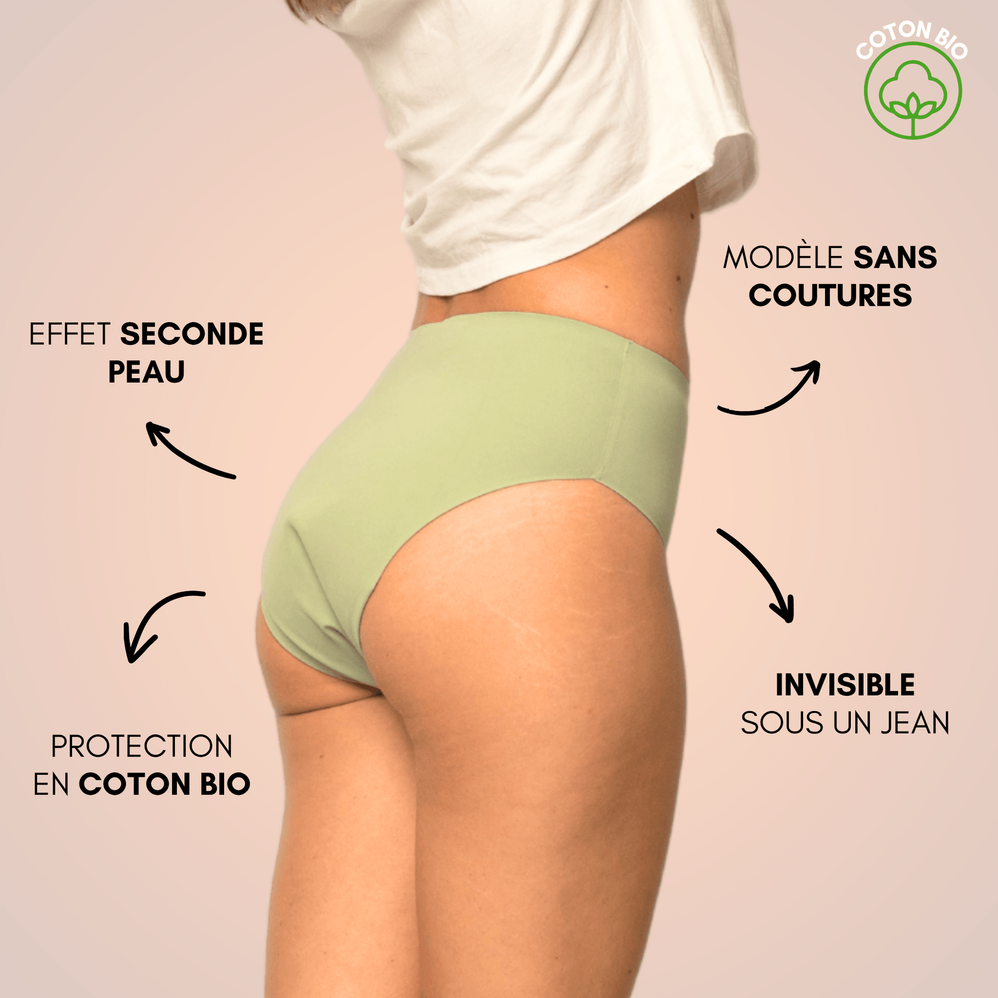 culotte menstruelle nina sans coutures vert sauge portée dos effet seconde peau coton bio
