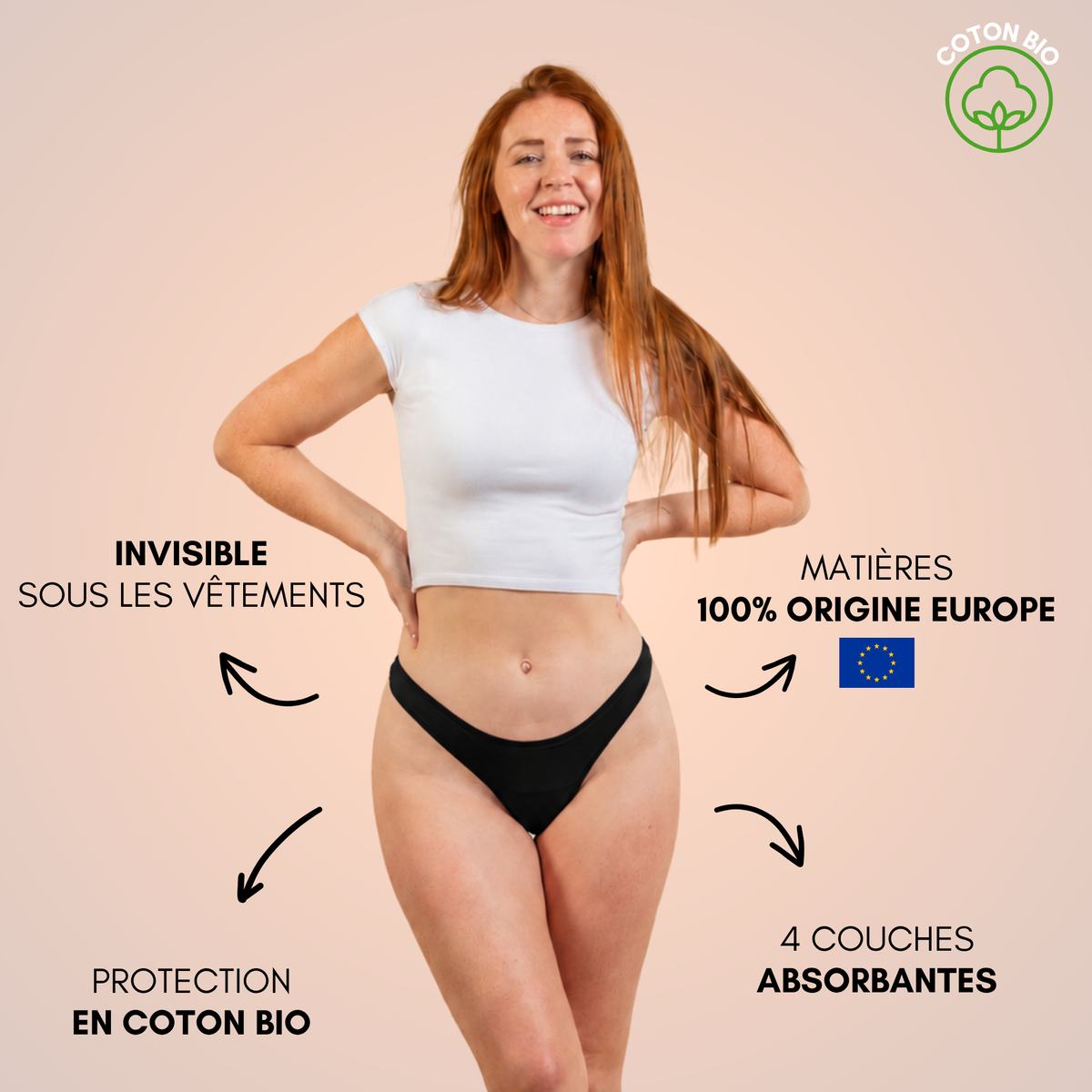 tanga menstruel anna coton bio 4 couches absorbantes invisible sous les vêtements