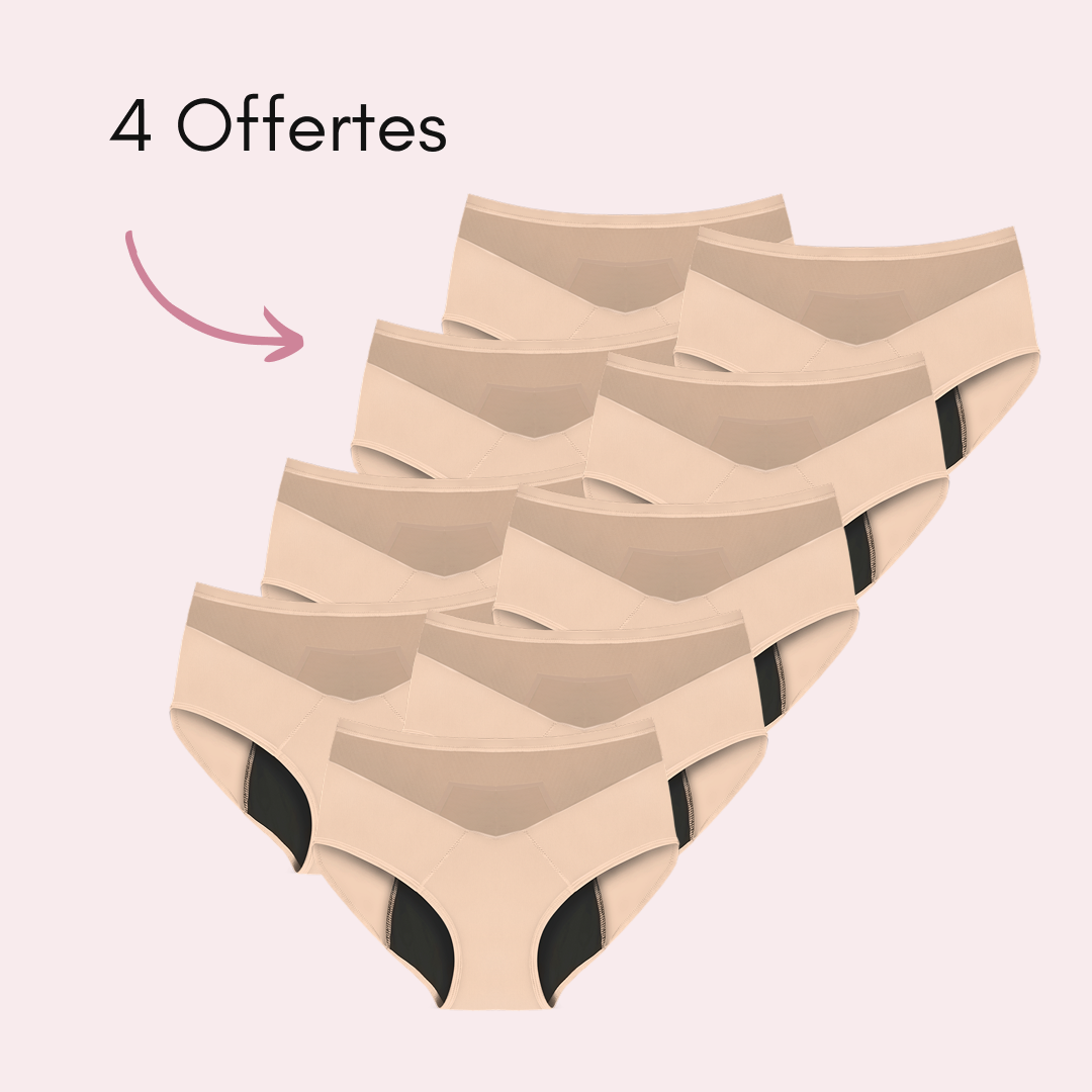 Culotte Menstruelle Vanessa taille haute (Nouveauté) Beige, 5 pièces + 4 offertes